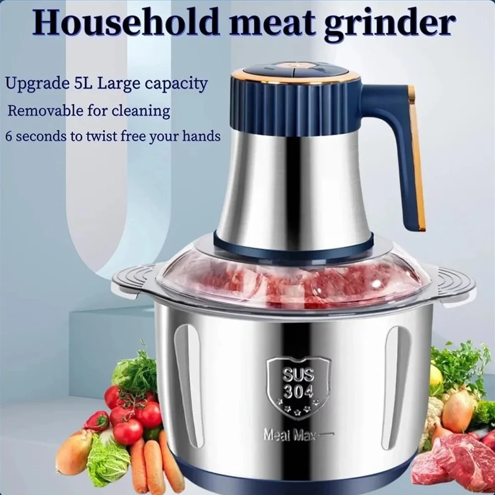 5L Electric Meat Grinder Food Processor 304 Stainless Steel Vegetable Slicer Chopper Kitchen Mixer Machine