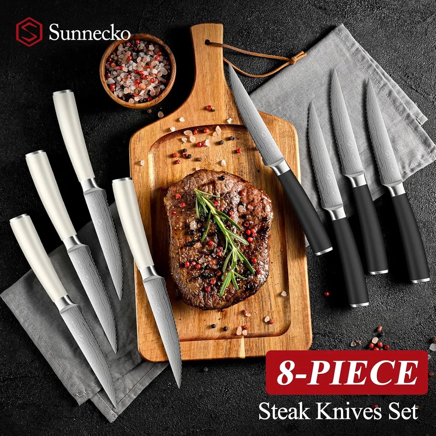 Steak Knives Set of 8,Premium Stainless Steel Serrated Steak Knives Set,Pakkawood Handle 4.5 Inch Kitchen Steak Knife with Gift